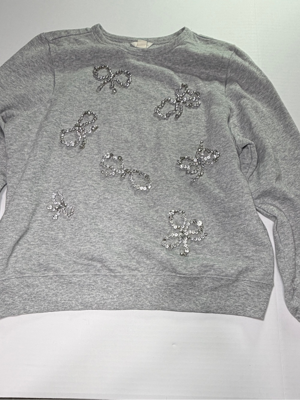 Caslon Embellished Bow Sweatshirt Womens M bows Gray Rhinestone Crewneck